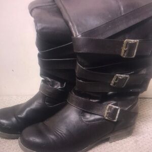 Women's Black Leather Buckle Boots